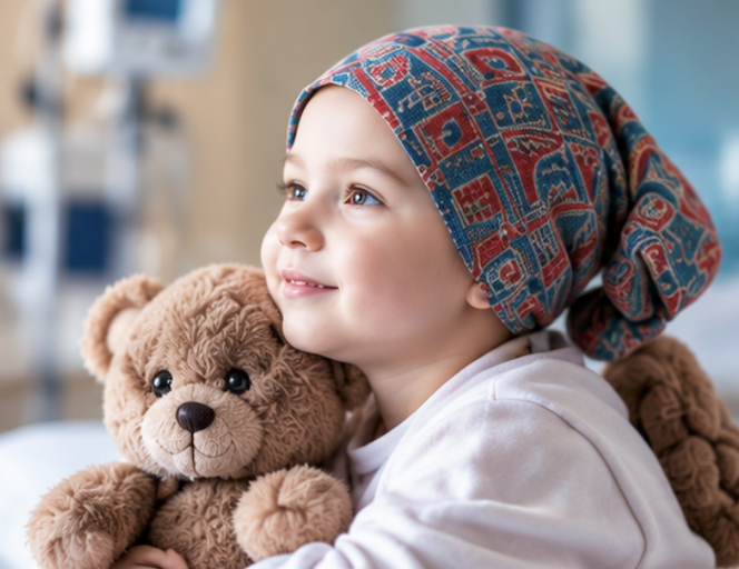 A young child wearing a colorful headscarf smiles and hugs a brown teddy bear, sitting indoors with soft light in the background.