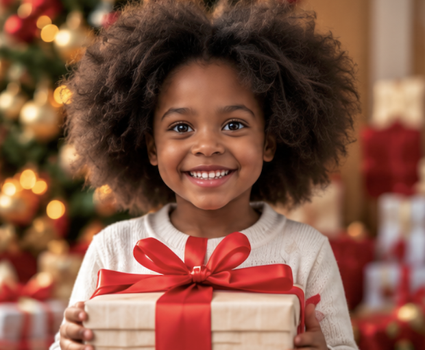 A smiling child with curly hair holds a gift wrapped in beige paper with a red ribbon, standing in front of a decorated Christmas tree and more presents.