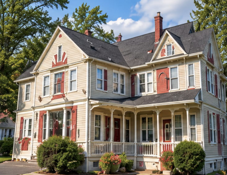 A large, cream-colored Victorian house with red accents, a wraparound porch, multiple windows, and a gabled roof, surrounded by green trees and bushes on a sunny day.
