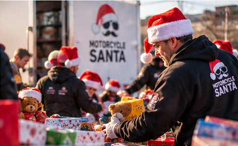 Volunteers wearing Santa hats and Motorcycle Santa branded hoodies organize boxes of toys in front of a Motorcycle Santa van.