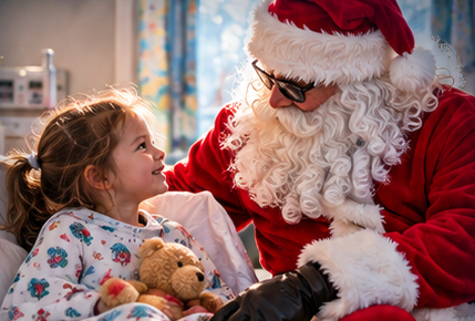 Santa Claus visits a young girl in a hospital bed holding a teddy bear.