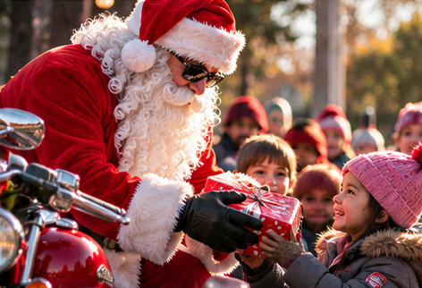 Santa Claus, wearing sunglasses and sitting on a motorcycle, hands a wrapped gift to a young girl in a crowd of children.