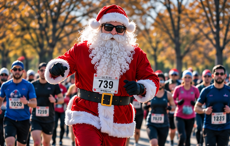 Santa Claus, wearing sunglasses, runs in a road race among a crowd of other participants.