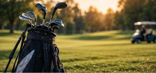 A golf bag filled with clubs standing on a grassy course with a golf cart in the distance.