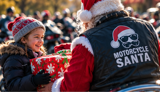 A smiling young child in a winter hat receives a wrapped gift from a person dressed as Santa, who wears a black leather vest with a Motorcycle Santa logo.